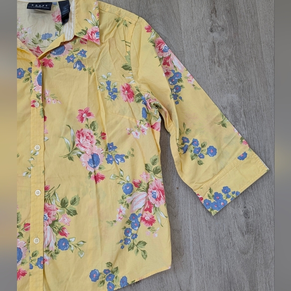 Crazy Horse-Liz Claiborne 100% Cotton Yellow Floral Spring Women's Shirt Size 16 - Picture 4 of 11